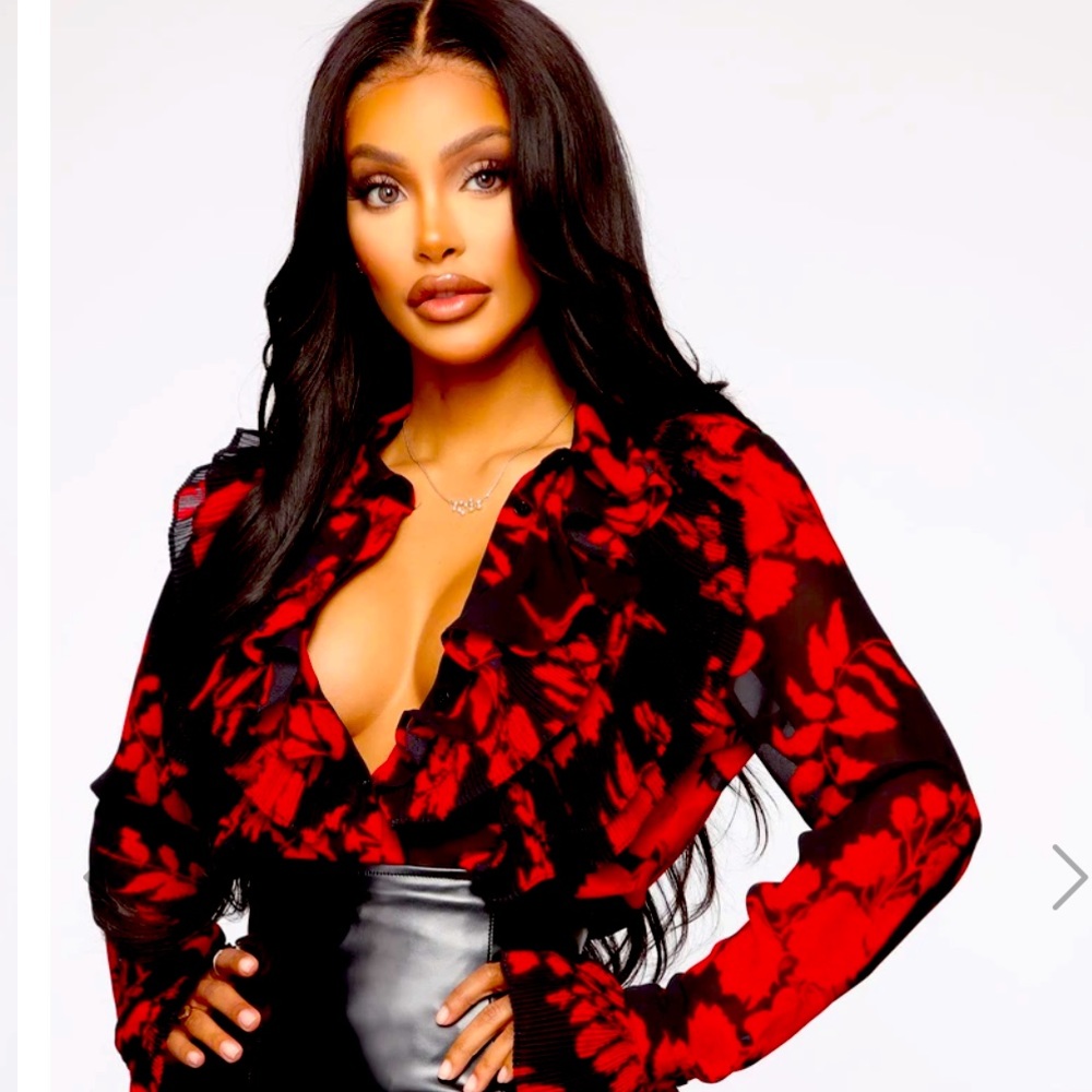 COPY - Floral button down top Blouse red and black